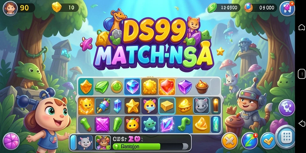 Screenshot DS99 menampilkan gameplay Match-3 yang menarik dan penuh warna.