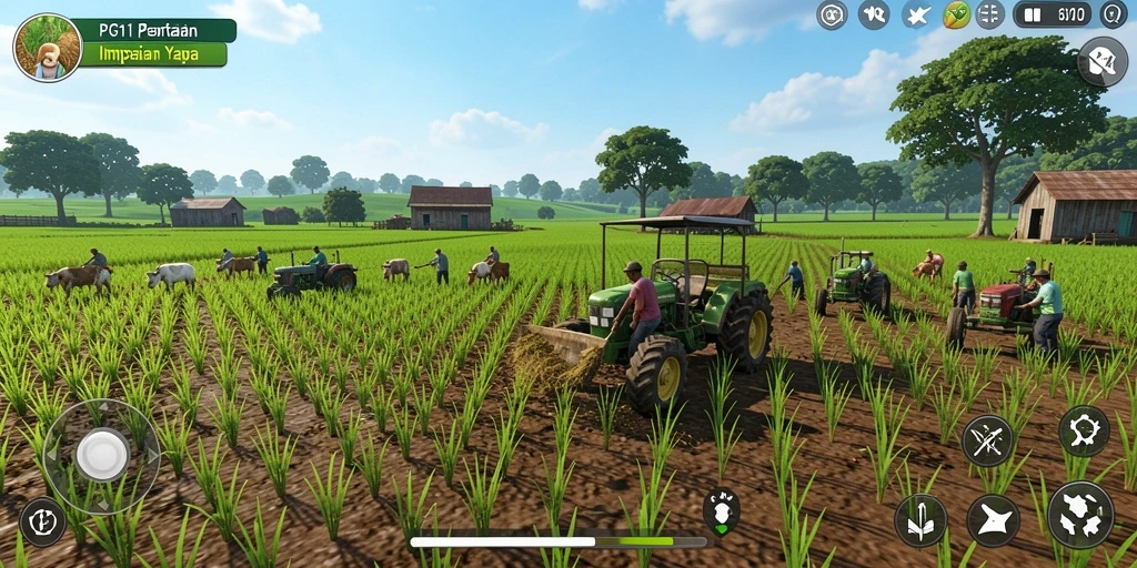 Tampilan utama gameplay PG11 dengan aktivitas bertani yang seru.