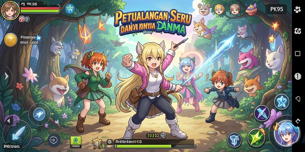 Screenshot gameplay PK95 yang menunjukkan pertempuran seru dengan karakter anime.