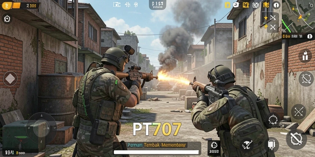 Tampilan gameplay intens dari PT707 dengan aksi tembak-menembak seru.