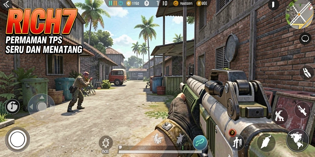 Screenshot RICH7 menampilkan aksi tembak-menembak dalam gameplay TPS yang seru.
