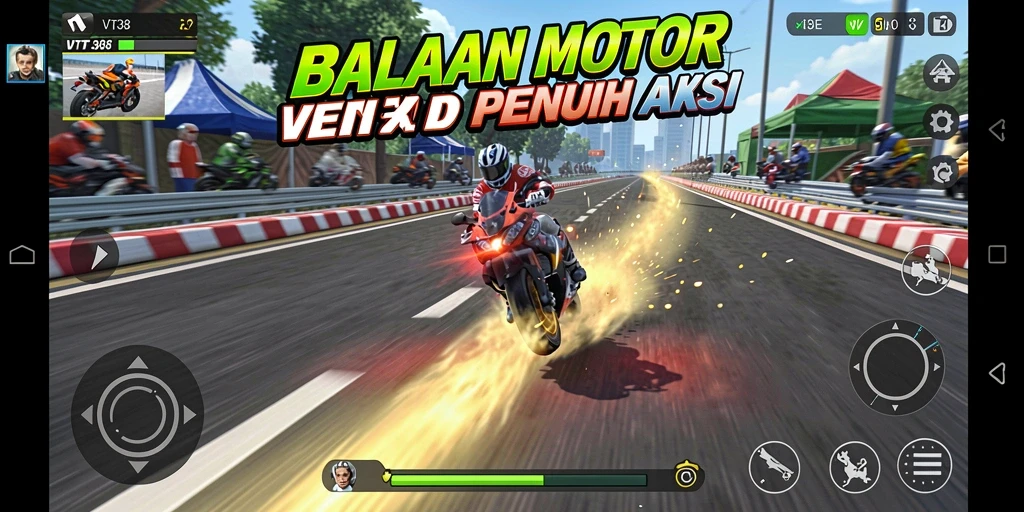 Gameplay seru VT38 dengan balapan motor yang mendebarkan.